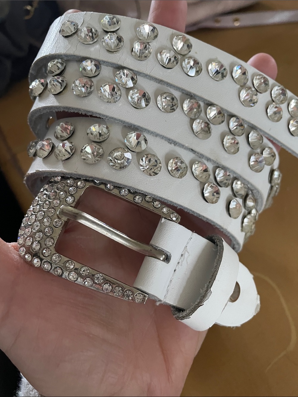Vintage leather White Rhinestone Studded Belt - Women's Accessory